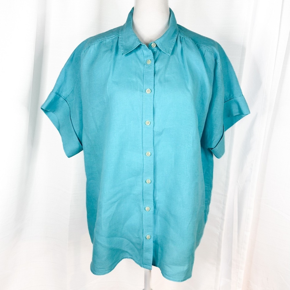 J.Crew Baird McNutt Irish Linen Shirt Womens L Relaxed Turquoise Button Up NWOT